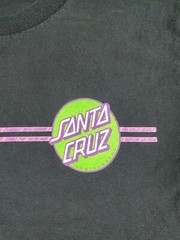90s Era Santa Cruz Black Youth Sized Skateboard Shirt Lime + Purple 21″x16″ Cali