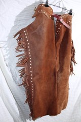 Riding Chaps Red Leather w/Fringe Size Med Thigh 23” (More Size in descrp)