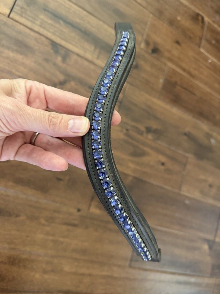 Dark Brown Leather Padded Curved Bridle Browband with Purple Rhinestones