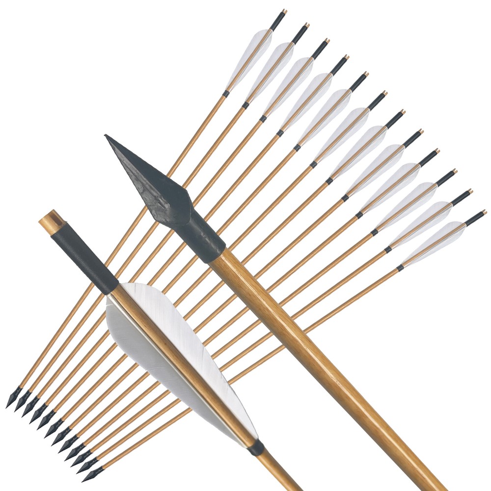 12Pcs Handmade Traditional Hunting 33″ Wooden Arrow LongBow With Broadheads Tips