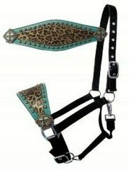 Nylon Bronc Horse Halter Cheetah Printed Leather Noseband w/ Crystal Rhinestones