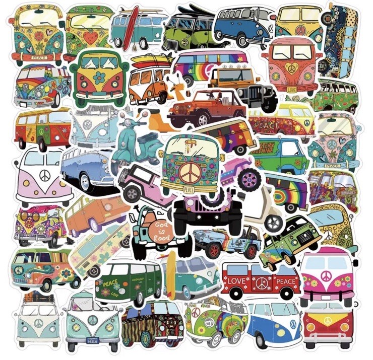 50pcs Micro Bus & Transporter Sticker Pack 60’s 70’s style Bus ~ Free Shipping