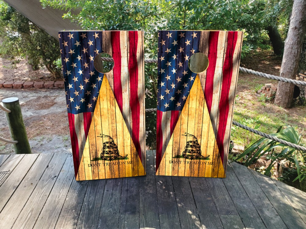 WATERPROOF Gadsden Flag / Don’t Tread USA Cornhole Board Wraps / Cornhole Decals