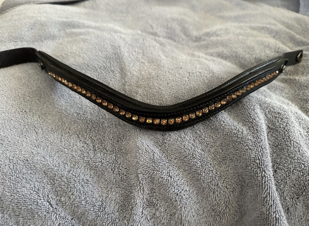 Black Leather Padded Browband With Snaps and Amber Crystals