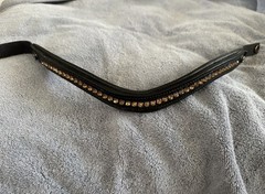 Black Leather Padded Browband With Snaps and Amber Crystals