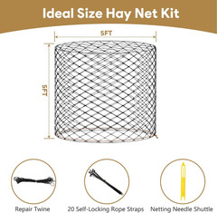 5×5 FT Round Bale Hay Net for Horses & Goats, Heavy Duty Knotless Slow Feed Hay