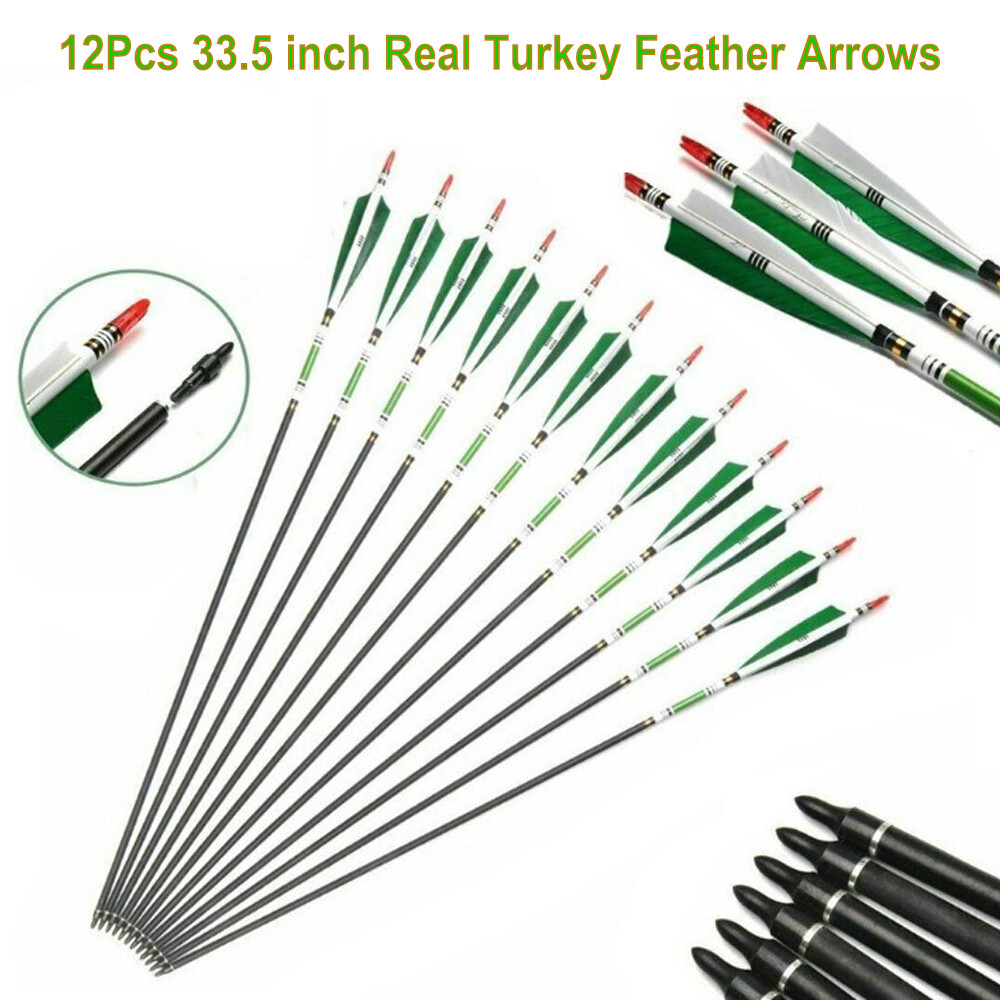 12Pcs 33inch Carbon Hunting Arrows Archery Target Arrows with 5″ Turkey Feathers