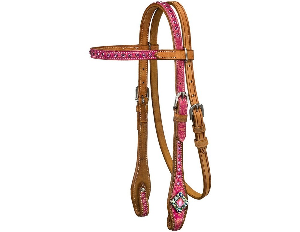 Tough 1 Western Headstall Azalea Leather Browband Tack Pink 45-79