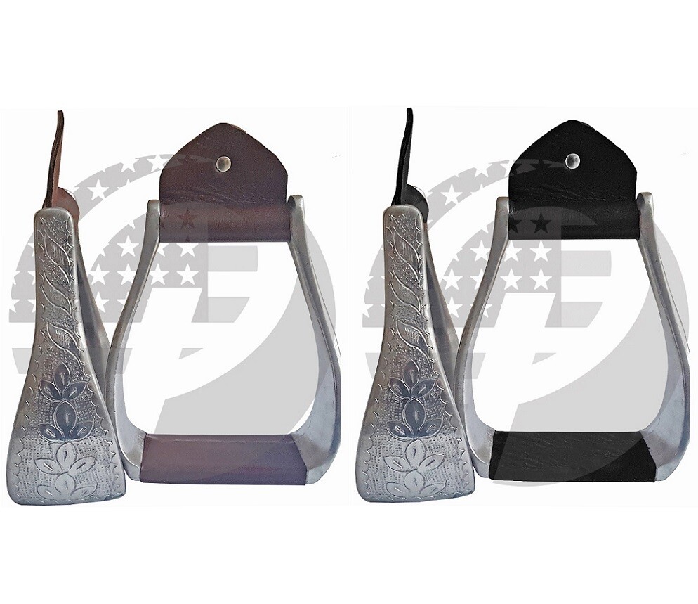 Aluminum Engraved 4.75″ Adult Western Horse Bell Stirrups with Original Leather