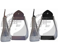 Aluminum Engraved 4.75″ Adult Western Horse Bell Stirrups with Original Leather