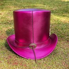 Magenta Leather Top Hat with Feather: Steampunk Gothic Cosplay pink hat western