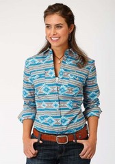 Roper Women’s Turquoise & orange SANTA FE AZTEC WESTERN SHIRT w/ Snaps Size L XL