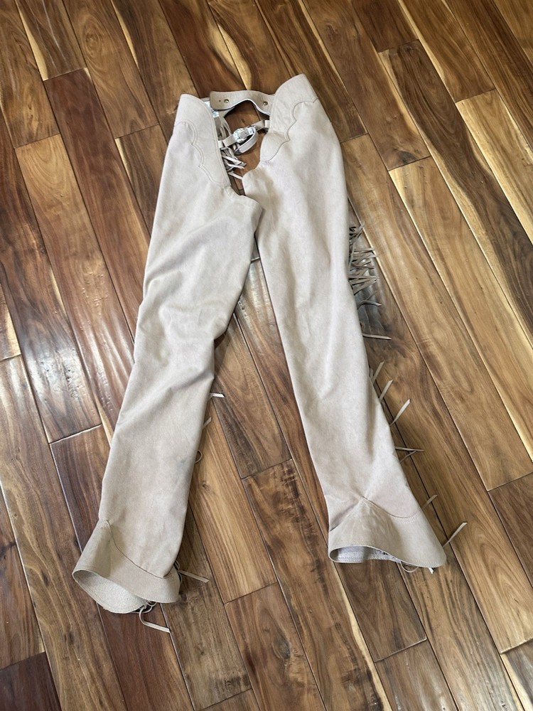 Hobby Horse Ultrasuede Fringed Show chaps- latte /tan/beige women small long