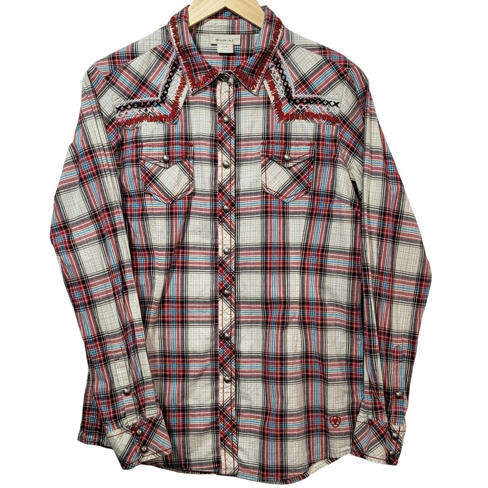 Ariat Womens Plaid Western Snap Shirt Embroidered Yoke Red Blue Cotton Large