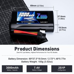 Zeee 2S Li-ion Battery 3000mAh 7.4V SM 2P Connector 2S Rechargeable RC Batter…