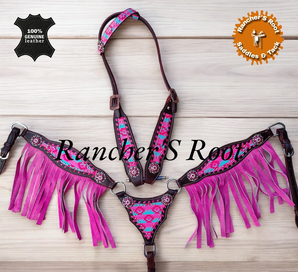 Western Leather Tack Set For Horse | Pink Aztec Gladiator With Fringe Tack Set