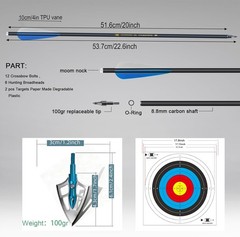 12PACK 20″ Crossbow Bolts Carbon Arrows Half Moon Nocks 8.8mm Shaft Shooting