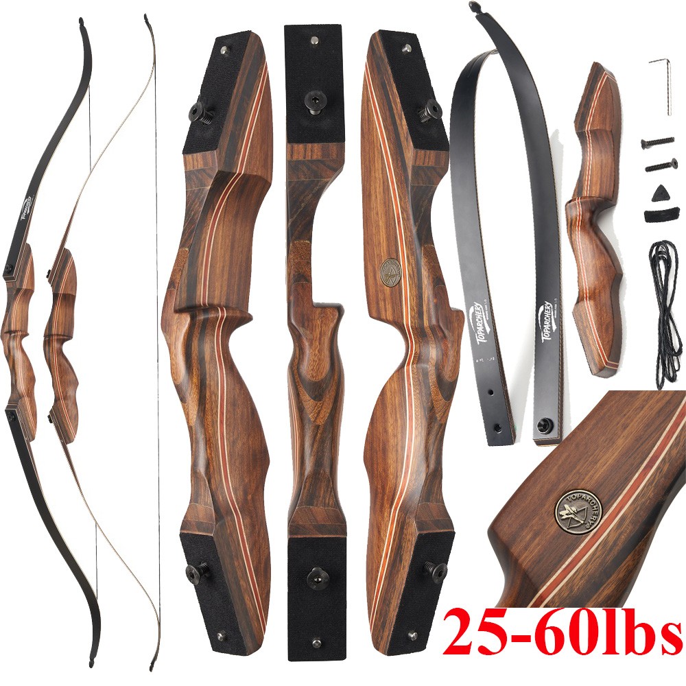 60″Archery Takedown Recurve Bow RH 25-60lb Wooden Riser for Hunting Shoot Target