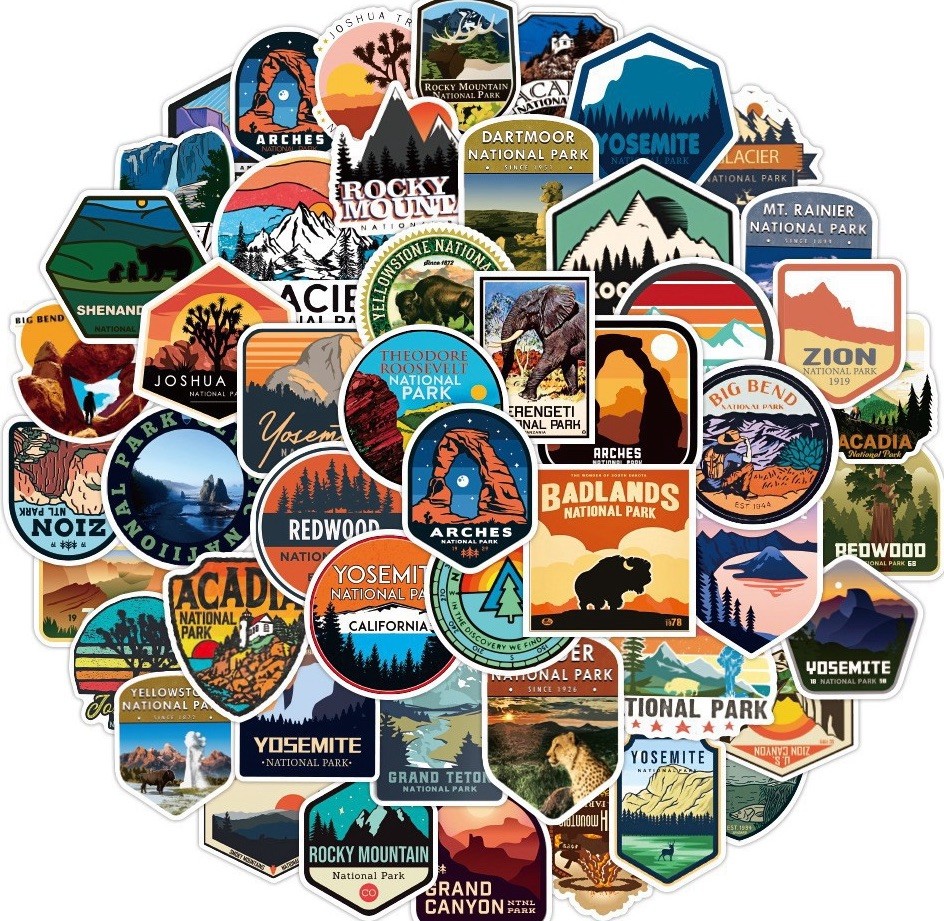US National Park Sticker Pack Set 50 pcs Adventure Nature Outdoors Hiking Skiing