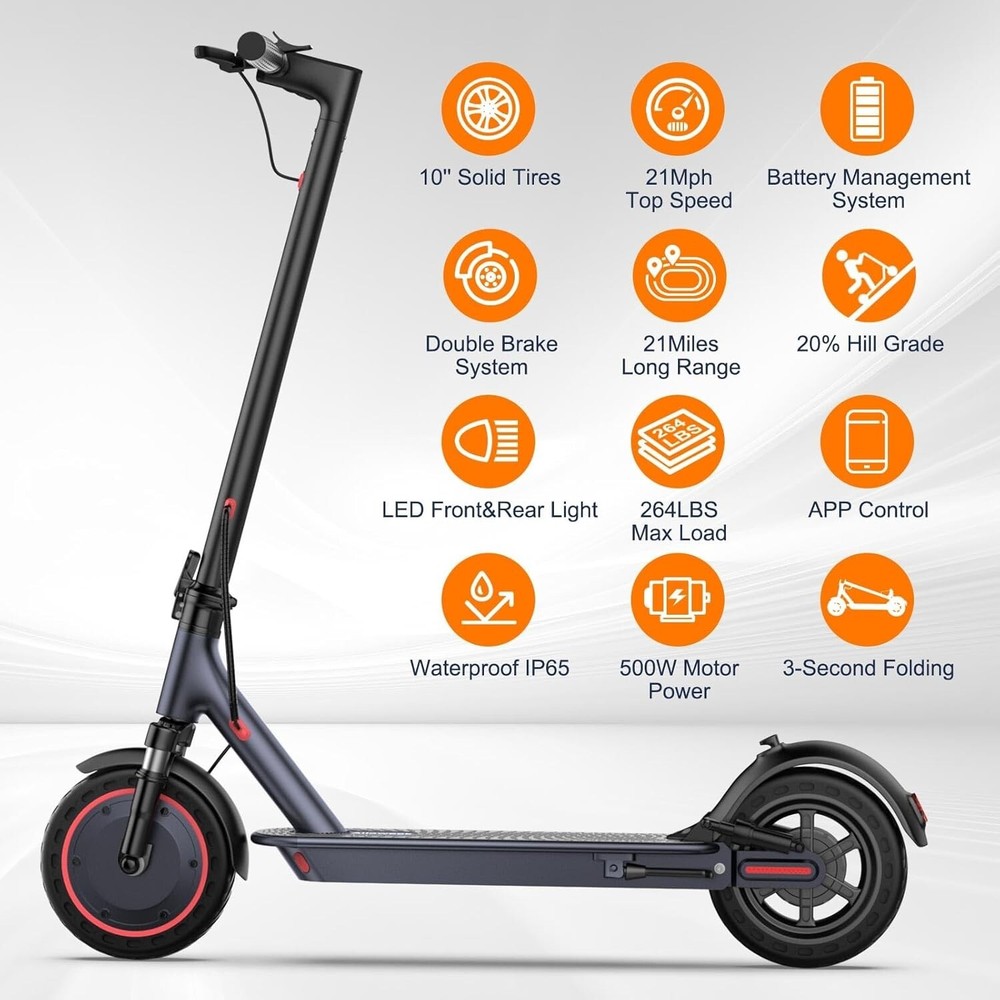 Ladped Folding Electric Scooter, 10″ Solid Tires, 500W Motor, 22Mph 22 Miles