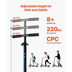 Foldable Kick Scooter Adjustable Scooter 220LBS for Age 8+ Kids, Teens, Adults