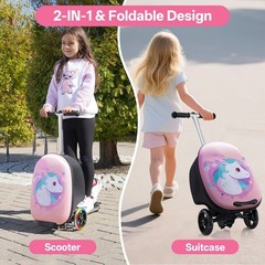 2-in-1 Kids Scooter Suitcase, 19in Large Capacity Ride-On Luggage with LED Li…