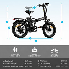 Windhorse W4A Black Folding Fat Tire Electric Bike 20in 983W 40-70Mi