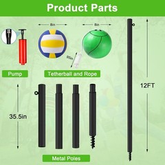 Tetherball Ball and Rope, 12 FT Tetherball Set, Adjustable Tether Ball Pole w…
