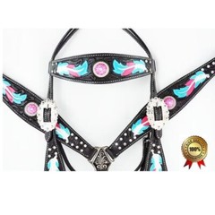 Western Horse Leather Purple & Pink Feather Bridle Breast Collar Tack Set