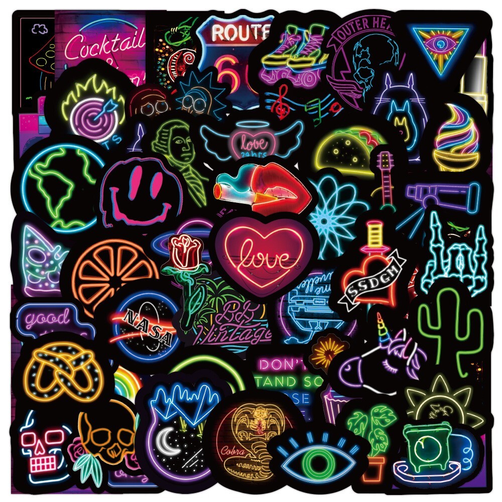 50 Pcs Vinyl Neon Signs Stickers Pack Bomb Laptop Guitar Water Bottle Decals Lot