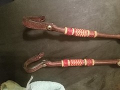 used leather headstall sliding ear silver buckles Red And White Rawhide Wrapped