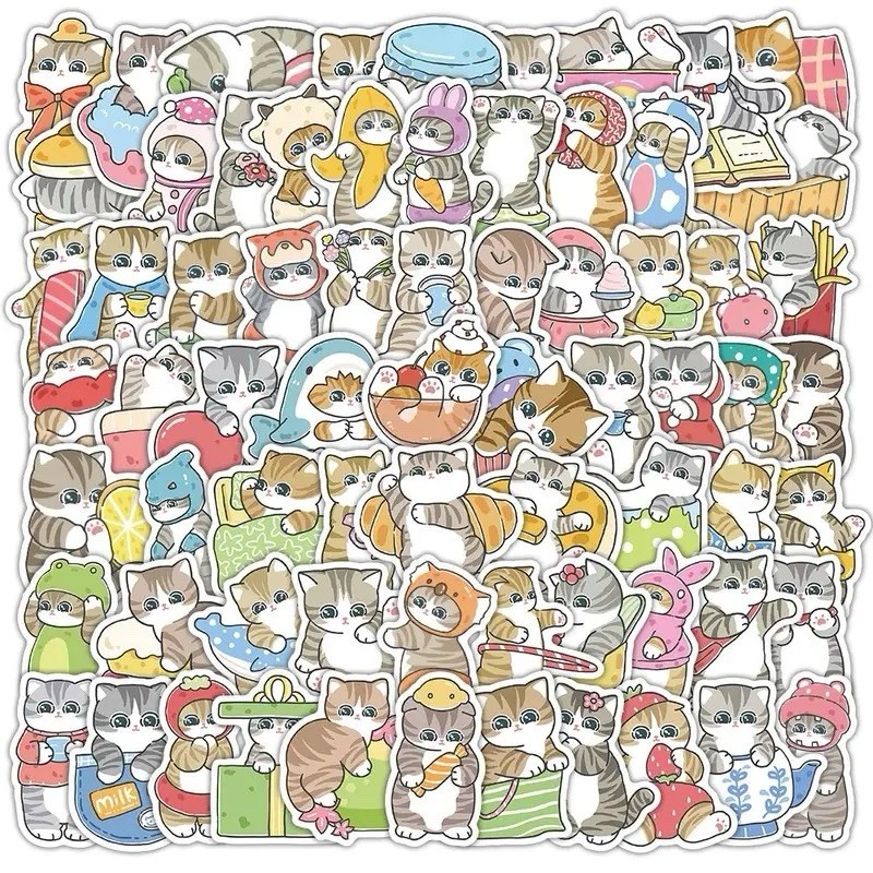 10Pcs Random Cute Meme Cartoon Cats Kitty Kawaii Cat Waterproof Decals Stickers
