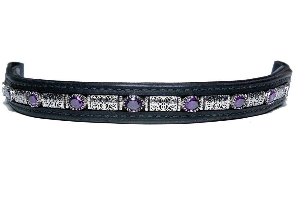 Browband People On Horses Oval Filigree Amethyst – 1 3/4″ Endloop Black Leather