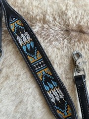 Tooled Top Grain Black Leather Beaded Western Wither Strap Navajo Design