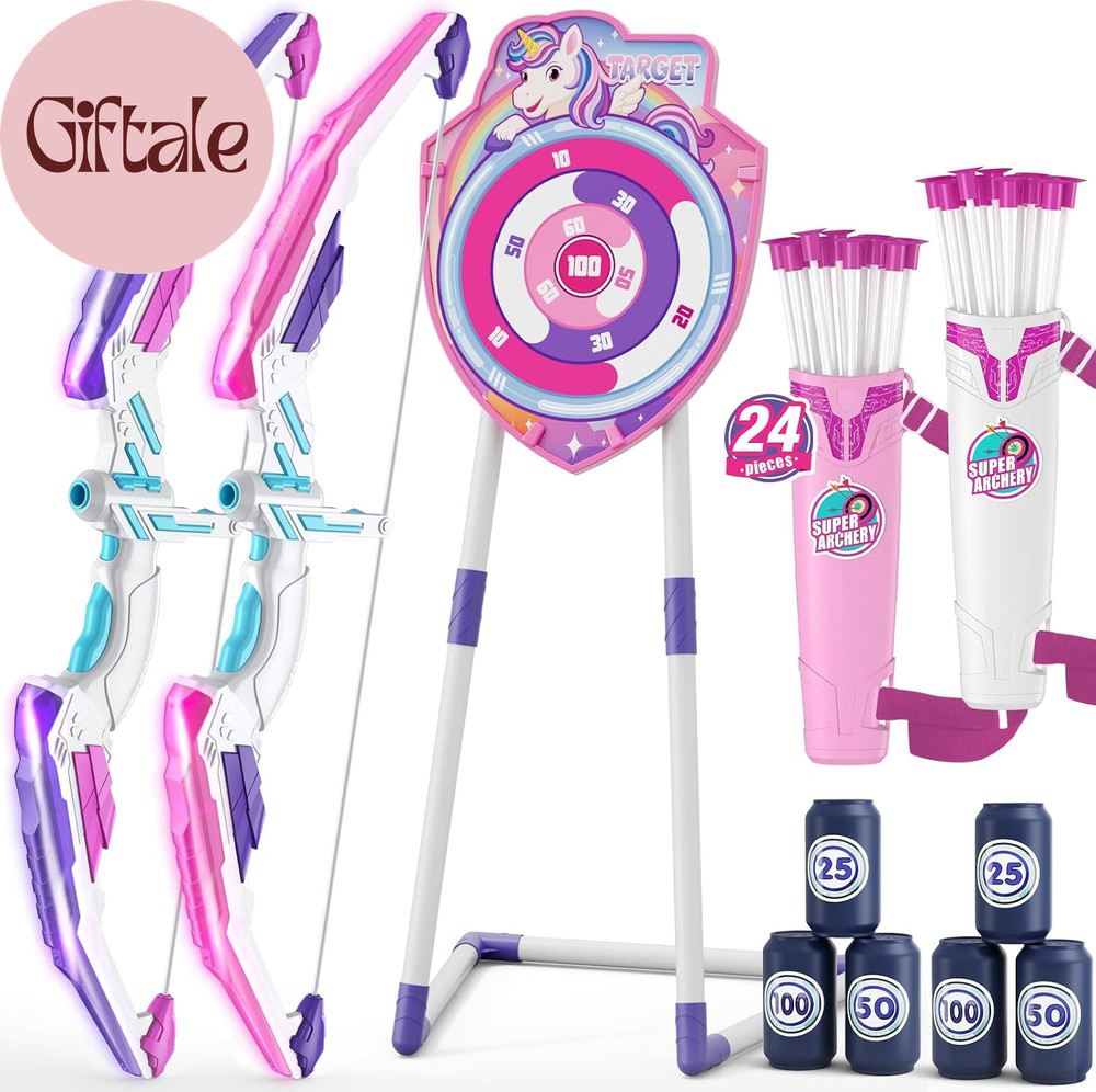 2 Pack Bow and Arrow for Kids 4-6, LED Light up Archery Set with 24 Suction Cup