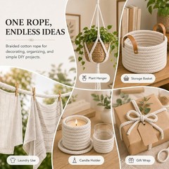 Natural Soft Utility Rope – Braided White Cotton, 100ft x 3/8 Inch for Home Use