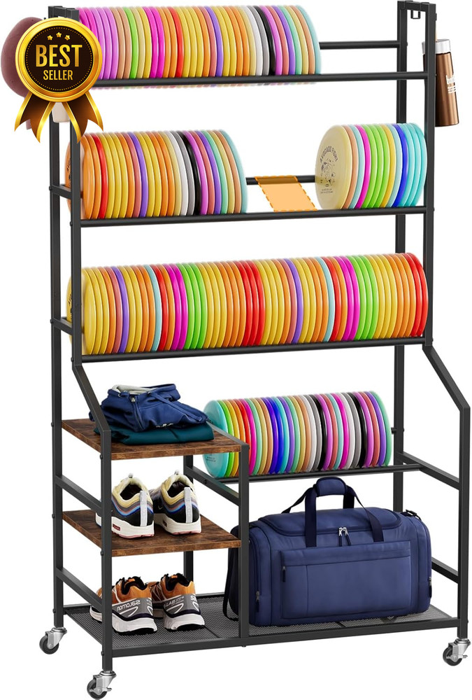 5 Tier Disc Golf Storage Rack with Wheels Hooks Organizer