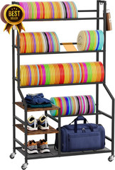 5 Tier Disc Golf Storage Rack with Wheels Hooks Organizer