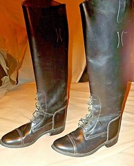 Her 7 1/2 B Black leather riding boots with laces & fancy toe, unused. Made USA