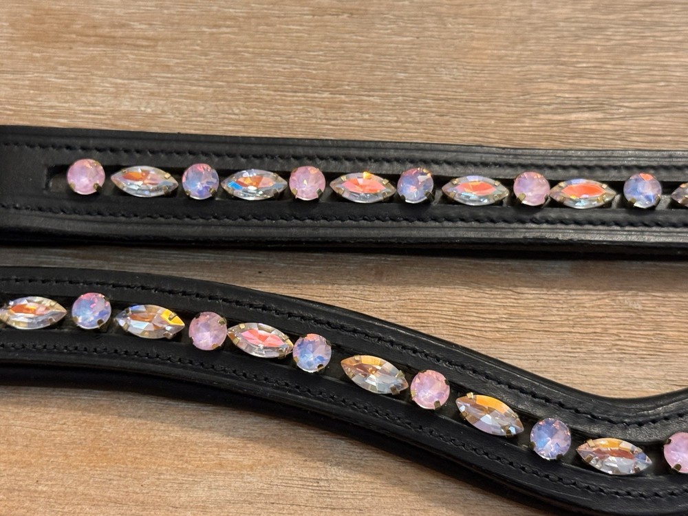 Leather Browband – Sewn In Glass Rhinestones – Light Rose Sapphire – 13-18”