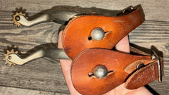2 1/2 WESTERN SPURS WITH LEATHER STRAPS , SPINNING ROWELS