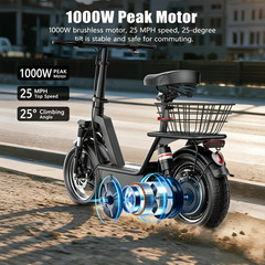 14″ Foldable Electric Scooter for Adults 1000W 25MPH 45Miles E Scooter with Seat