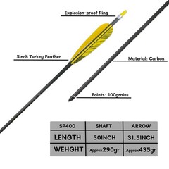 30inch Hunting Carbon Archery Arrows with 5″ Turkey Feathers Spine 300/400/50…