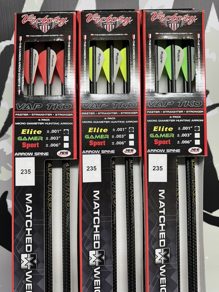 Victory Archery VAP TKO Elite 235 Fletched Arrows 6/pk Uncut Micro .166 .001″