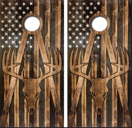 Rustic Flag w/Deer Skull Cornhole Board Wrap LAMINATED Decal Vinyl Sticker #4141