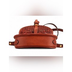 Leather Woven Saddle Crossbody Bag Brown Gold Color Accents Festival Hiking