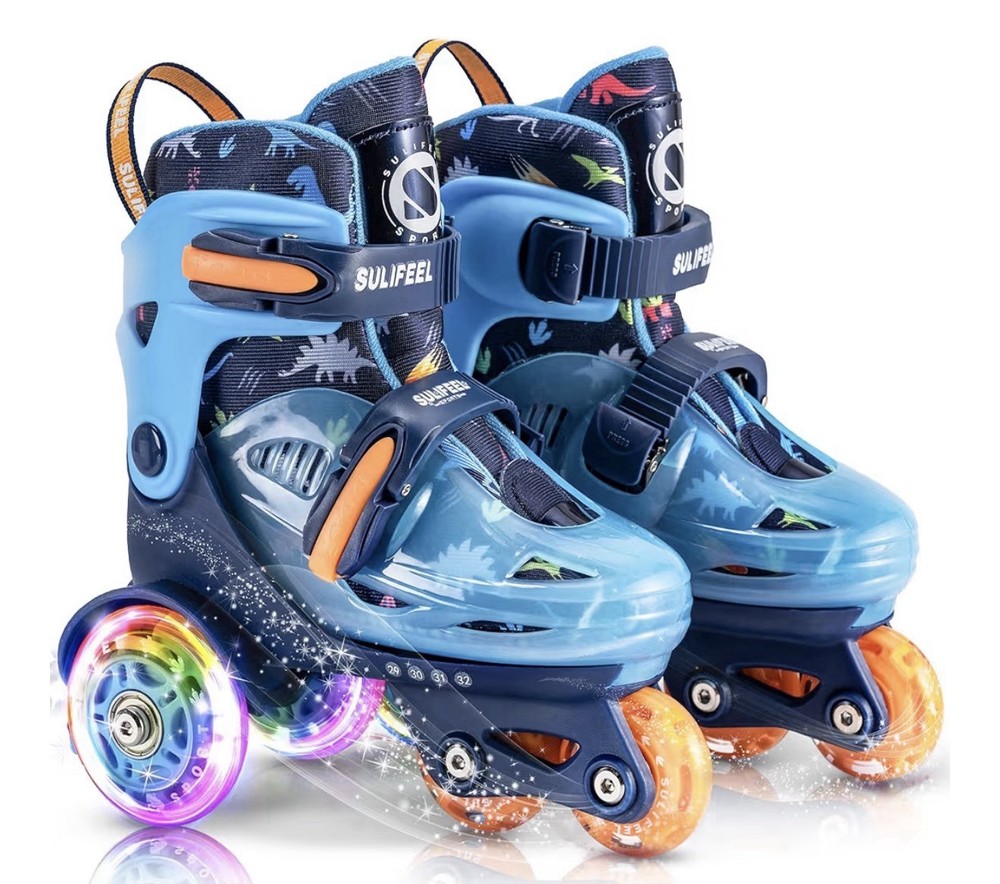 SULIFEEL Kids Adjustable Roller Skates LED Light Up Flash Wheels Size XS Dino