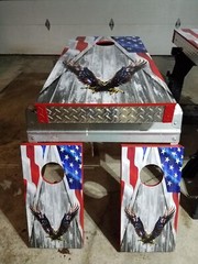 Bald Eagle American Flag Wings on Wood Grain Cornhole Decal Wraps