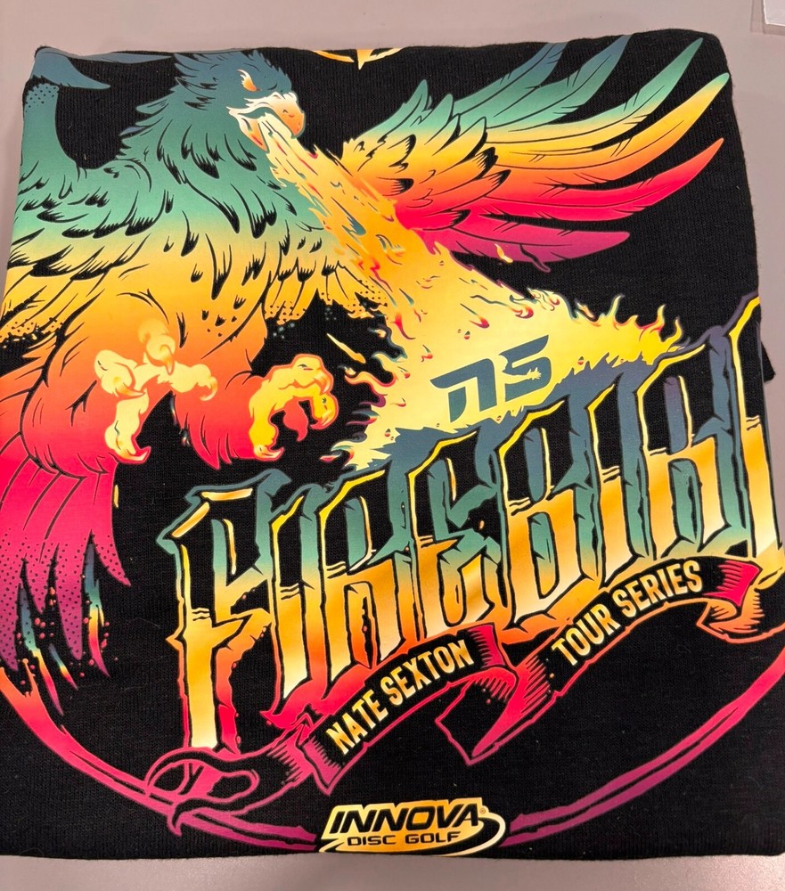 Large Nate Sexton Innova Firebird Shirt Black Rainbow New Disc Golf T-Shirt