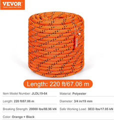 Double Braided Polyester Rope, 3/4 in X 220 Ft, 24 Strands, 20000 LBS Breaking S
